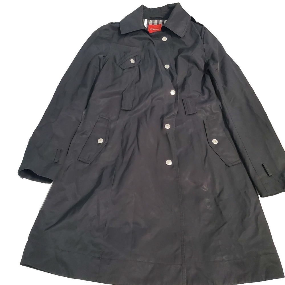 Esprit Black Trench Coat Button Jacket Pockets Belt Loops No Belt Women's Sz 10